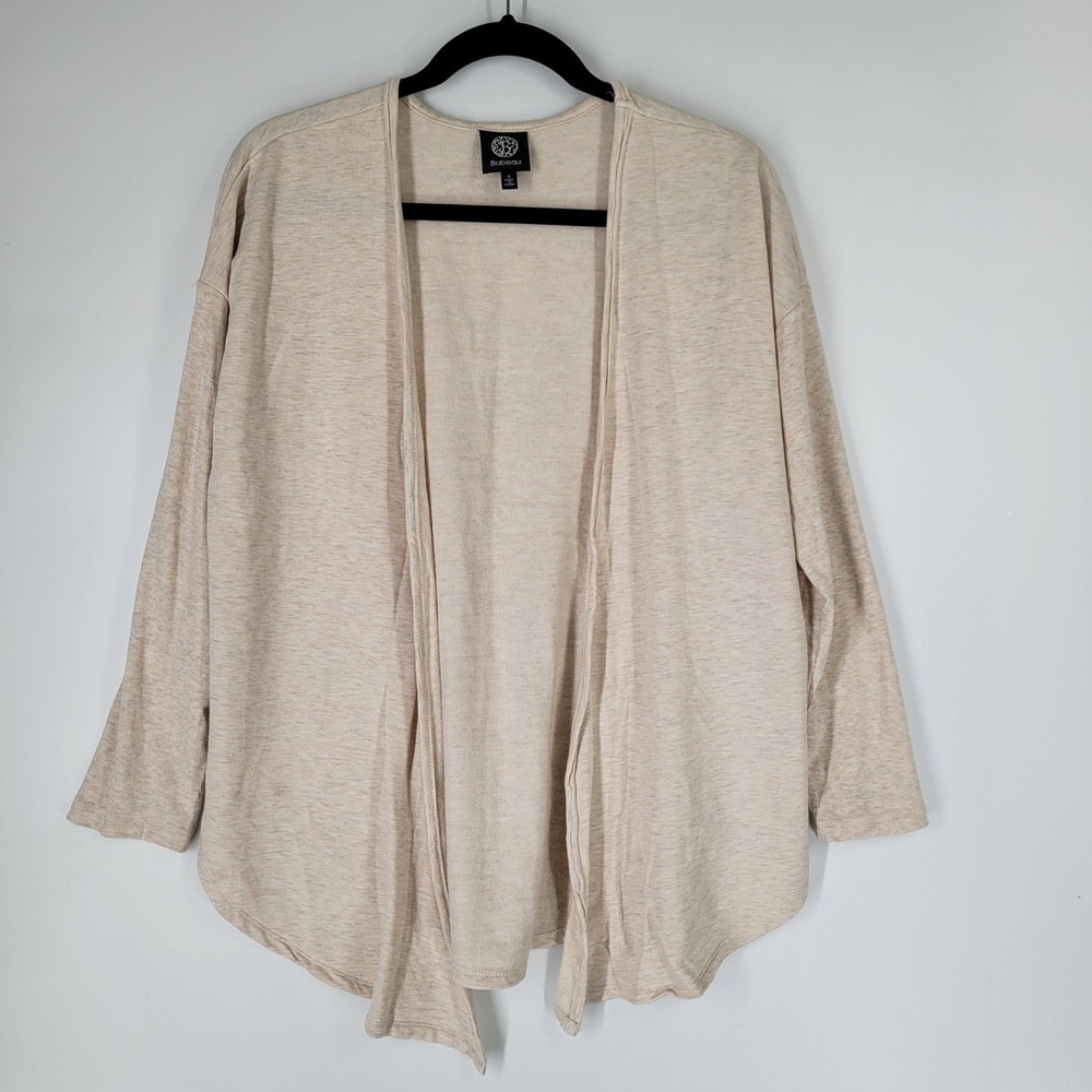 Bobeau Womens Open Front Cardigan Beige Heathered Knit Long Sleeve Small Modal